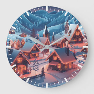 Schneehäuser mit Weihnachtsbeleuchtung Große Wanduhr