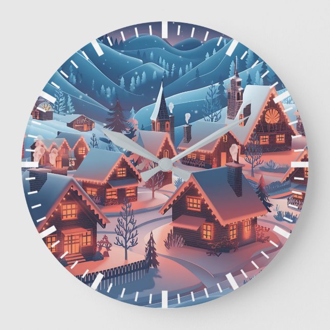 Schneehäuser mit Weihnachtsbeleuchtung Große Wanduhr (Vorderseite)