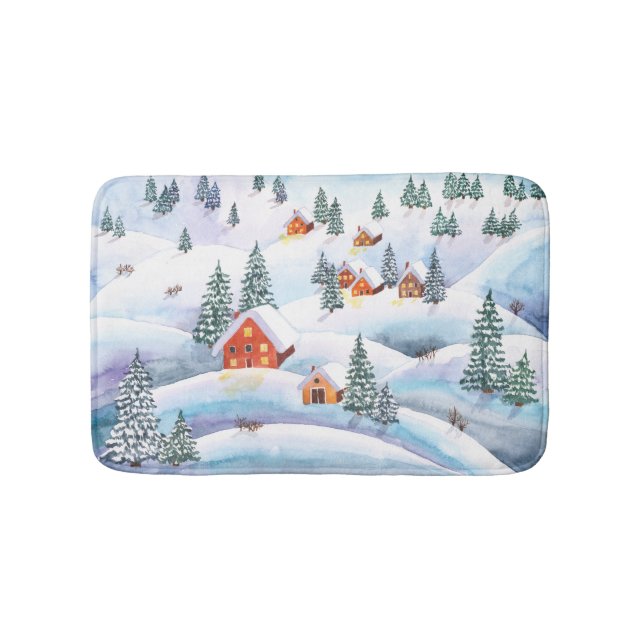 Schneehöhe Hügel, Häuser: Aquarelllandschaft Badematte (Vorderseite)