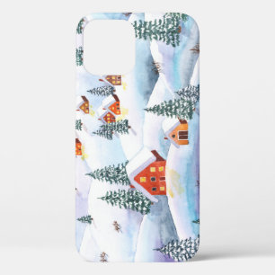 Schneehöhe Hügel, Häuser: Aquarelllandschaft Case-Mate iPhone Hülle