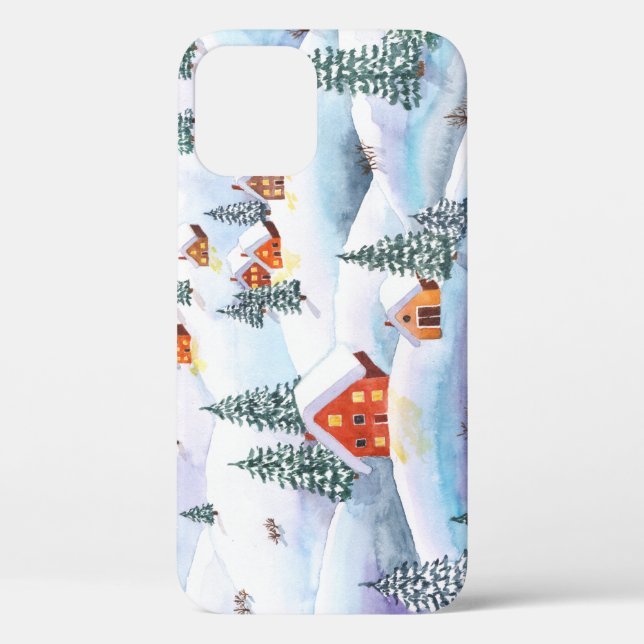 Schneehöhe Hügel, Häuser: Aquarelllandschaft Case-Mate iPhone Hülle (Rückseite)