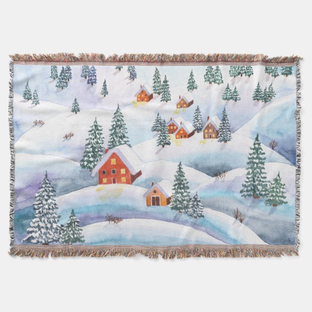Schneehöhe Hügel, Häuser: Aquarelllandschaft Decke (Vorderseite)