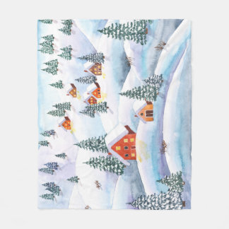 Schneehöhe Hügel, Häuser: Aquarelllandschaft Fleecedecke