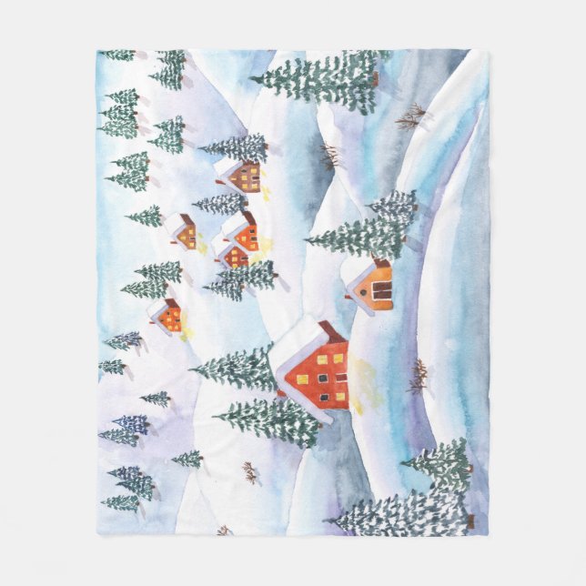 Schneehöhe Hügel, Häuser: Aquarelllandschaft Fleecedecke (Vorderseite)