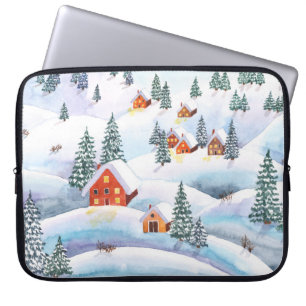 Schneehöhe Hügel, Häuser: Aquarelllandschaft Laptopschutzhülle