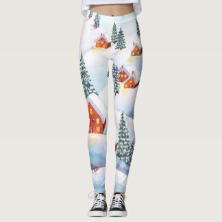 Schneehöhe Hügel, Häuser: Aquarelllandschaft Leggings