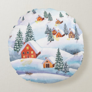 Schneehöhe Hügel, Häuser: Aquarelllandschaft Rundes Kissen