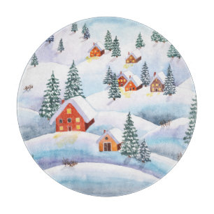 Schneehöhe Hügel, Häuser: Aquarelllandschaft Schneidebrett