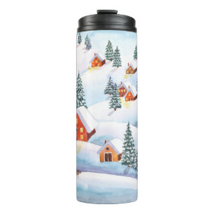Schneehöhe Hügel, Häuser: Aquarelllandschaft Thermosbecher