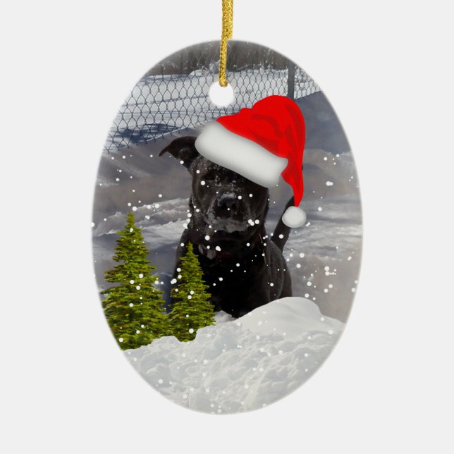 Schneehundstanze im Schnee Keramik Ornament (Vorne)