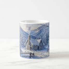 Schneehütten Cottage mit Rauch und Kiefernmalerei Kaffeetasse