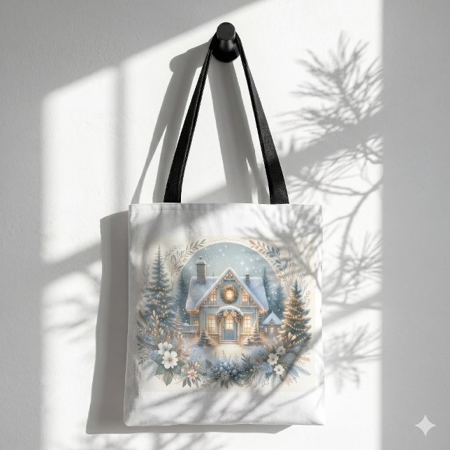 Schneehütten-Glüh-Szene (Snowy Cottage Glow Scene Tote Bag)
