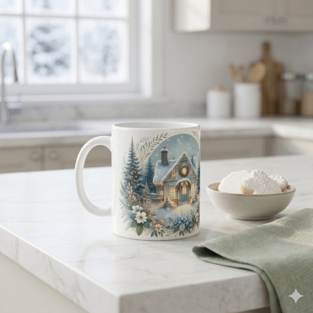 Schneehütten-Glüh-Szene Kaffeetasse (Snowy Cottage Glow Scene Coffee Mug)