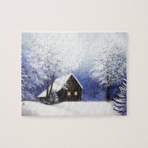Schneekabinen-Winterlandschaft im Pastell Puzzle