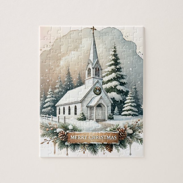 Schneekapelle | Glühende Weihnachtslandschaft Puzzle (Vertikal)