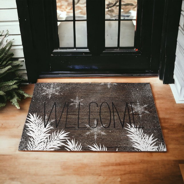 Schneekiefern Braun rustikales Holz Winter Fußmatte (Snow pine trees brown rustic wood winter doormat)