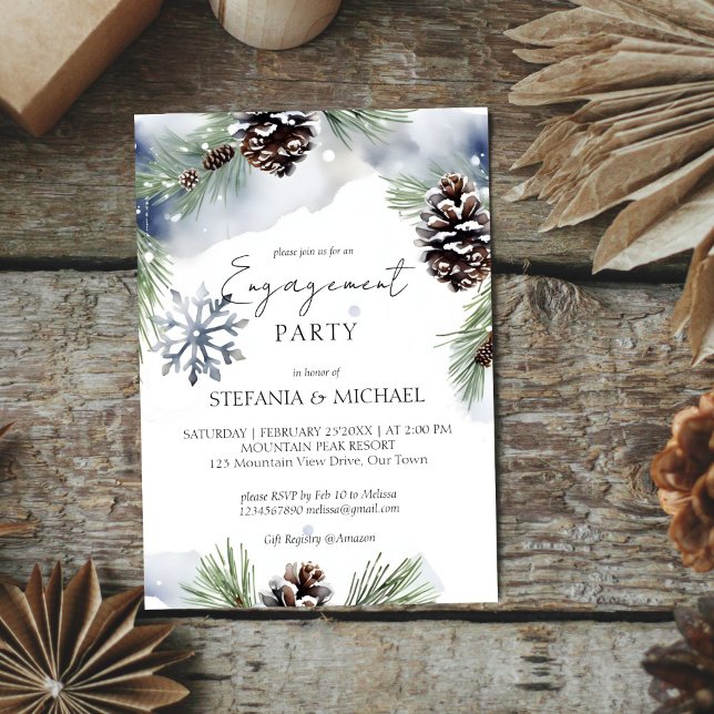 Schneekiefern für die Winterschnee-Verlobung Einladung (Winter engagement party editable template invitation digital download watercolor snowy pines )