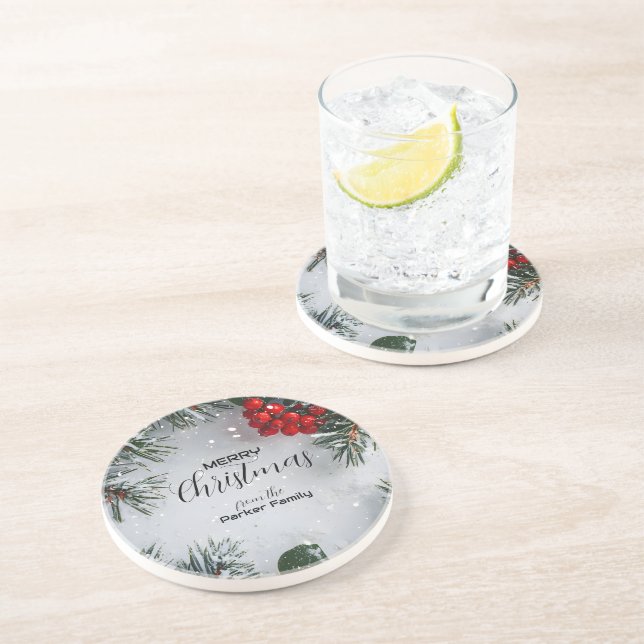 Schneekiefern, Holly Berries, ohne Foto Getränkeuntersetzer (Seite)