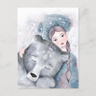 Schneekönigin und Polar-Bär in sanfter Wasserfarbe Postkarte