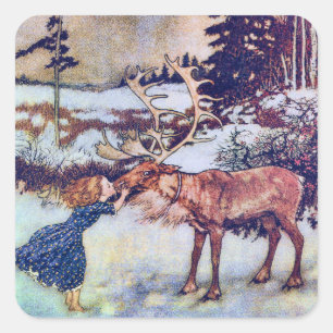 Schneekönigin Vintage Märchenillustration Quadratischer Aufkleber