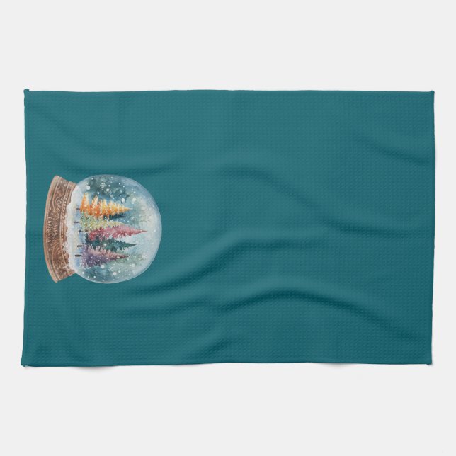 Schneekugel Bunter Weihnachtsbaumwald Geschirrtuch (Horizontal)