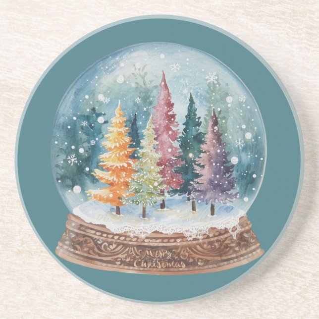Schneekugel Bunter Weihnachtsbaumwald Getränkeuntersetzer (Vorne)
