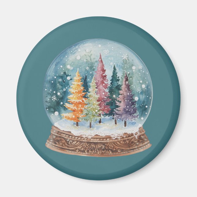 Schneekugel Bunter Weihnachtsbaumwald Magnet (Vorne)