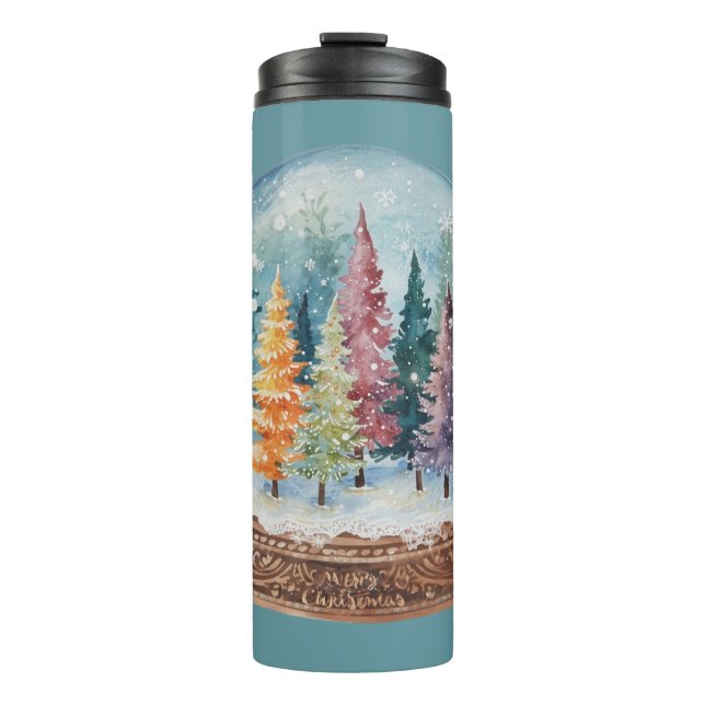 Schneekugel Bunter Weihnachtsbaumwald Thermosbecher (Vorderseite)