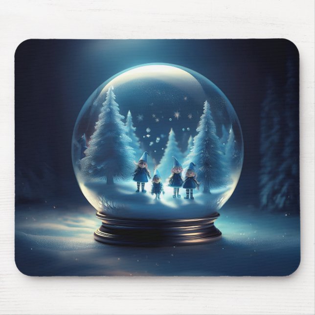 Schneekugel mit 4 kleinen Elfen und Schneeflocken Mousepad (Vorne)