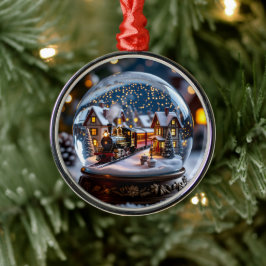 Schneekugel mit altem Zug und Dorf Ornament Aus Metall