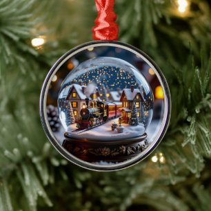 Schneekugel mit altem Zug und Dorf Ornament Aus Metall