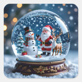 Schneekugel mit Weihnachtsmann und Rentier Quadratischer Aufkleber