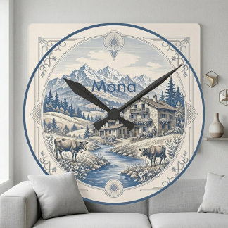 Schneelandschaft Blaue Alpen Rustikales Chalet Runde Wanduhr
