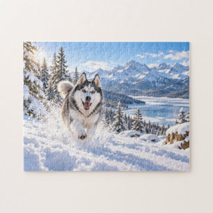 Schneelandschaft mit Husky im Gebirge Design Puzzle