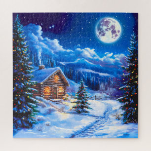 Schneelandschaft Weihnachten Mond Nacht Hütte Puzzle