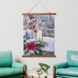 Schneelaterne  wandteppich mit holzrahmen