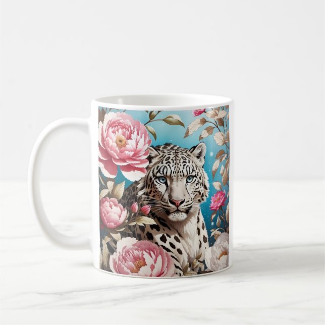 Schneeleopard atemberaubend Blick Rosa Blume Kaffeetasse (Links)