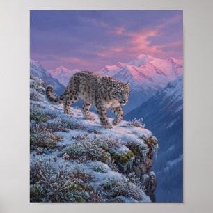 Schneeleopard-Bergvorsprung-Sonnenuntergang-Alpeng Poster