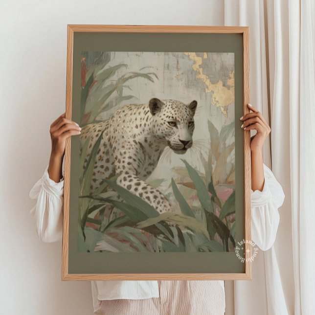 Schneeleopard Goldblatt Botanisch Salbei Grün Poster (Snow Leopard Gold Leaf Botanical Sage Green Poster)
