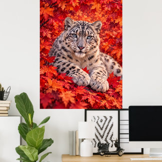 Schneeleopard im Herbstlaub – Wildlife-Kunst Poster