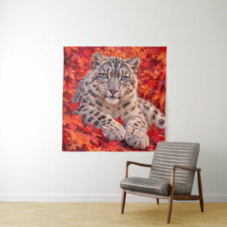 Schneeleopard im Herbstlaub – Wildlife-Kunst Wandteppich
