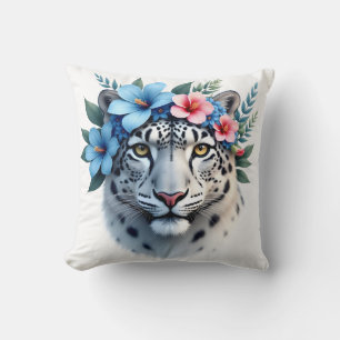 Schneeleopard mit blauem und rosa floralem Kronenw Kissen