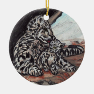 SCHNEELEOPARD MUTTER UND CUB Zierde Keramik Ornament