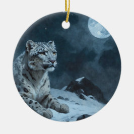 Schneeleopard und Vollmond Keramik Ornament