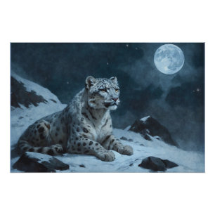 Schneeleopard und Vollmond Poster