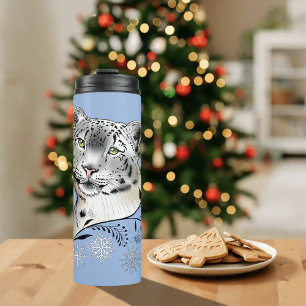Schneeleopard Winter Eleganz Blaue Schneeflocken Thermosbecher