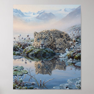 Schneeleopardenmutter und -jungtier Alpine Tarn-Re Poster