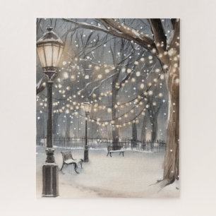 Schneelichter im Park bei winterlicher Nacht Puzzle