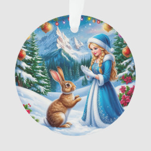 Schneemädchen in einer winterlichen Waldszene mit Ornament
