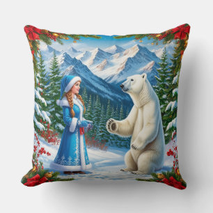 Schneemädchen mit festlicher Dekoration und Eisbär Kissen